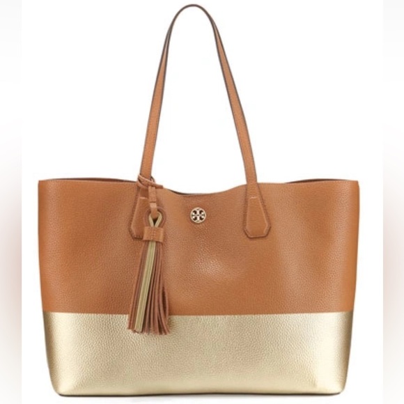 Tory Burch Perry Colorblock Pebbled Leather Tote - Picture 1 of 16